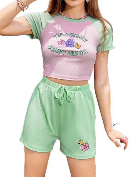 

floral & letter graphic raglan sleeve tee & tie front shorts y32t#, White
