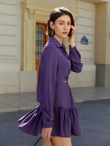 

solid ruffle hem cutout button front dress a4lo#, Black;gray