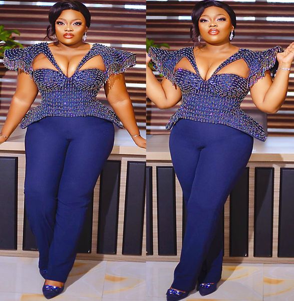 

2022 plus size arabic aso ebi navy blue jumpsuits prom dresses beaded stylish evening formal party second reception birthday engagement gown, Black