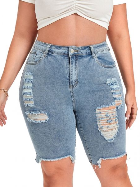 

plus ripped raw hem denim shorts 69ds#, White;black