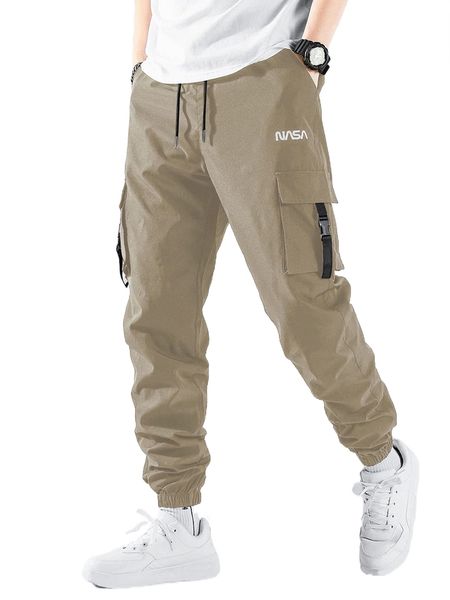 

men letter graphic buckled detail drawstring waist cargo pants f7lg#, Black