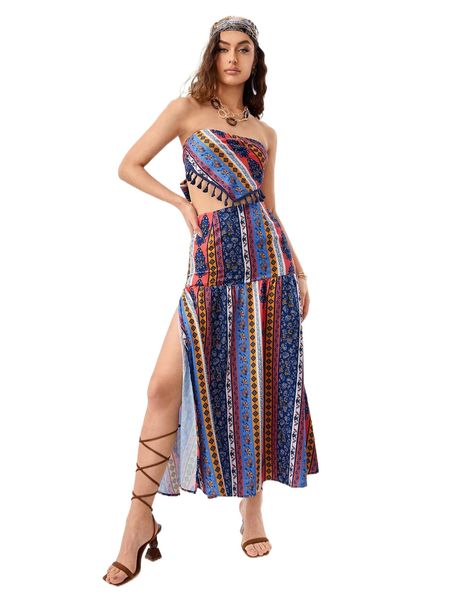

floral & geo print fringe hem tube & split skirt i6wq#, White
