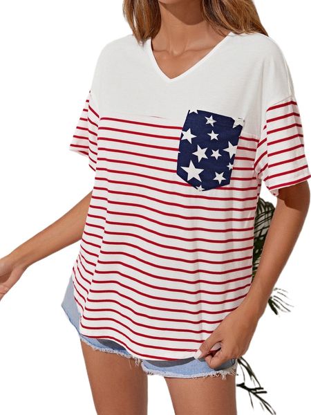 

striped & graphic print patched pocket tee x6sn#, White