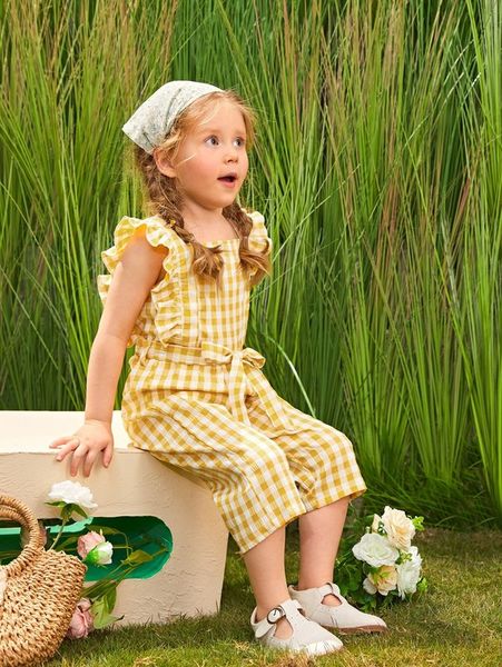 

toddler girls gingham ruffle armhole belted jumpsuit she, Blue