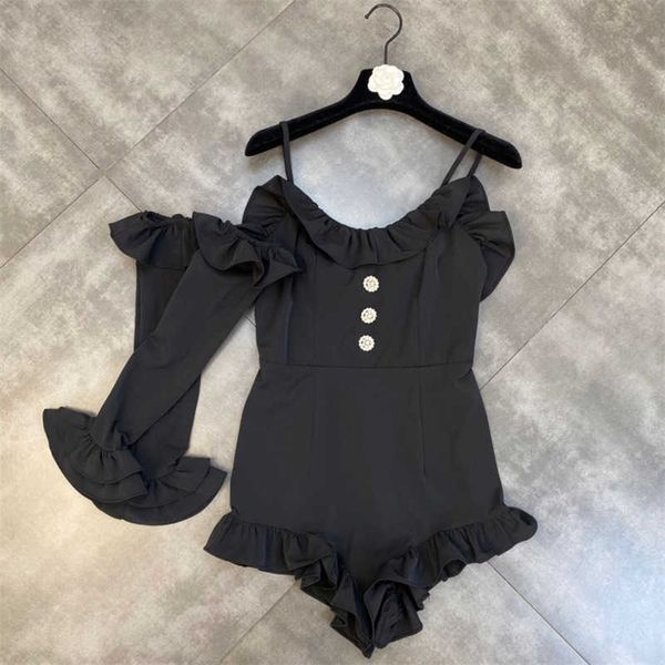 

fabpop v neck diamonds buttons ruffles black slim playsuits with sunscreen sleeve romper women gb959 210709, Black;white