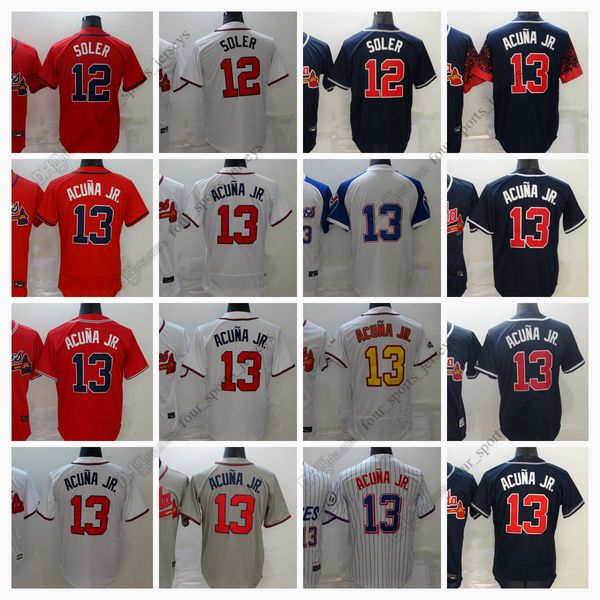 

new baseball jerseys 12 jorge soler 13 ronald acuna jr. white red jersey size s--xxxl, Blue;black