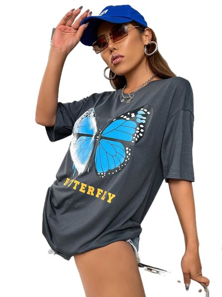 

b.utterfly & l.etter graphic d.rop s.houlder tee j2ki#, White