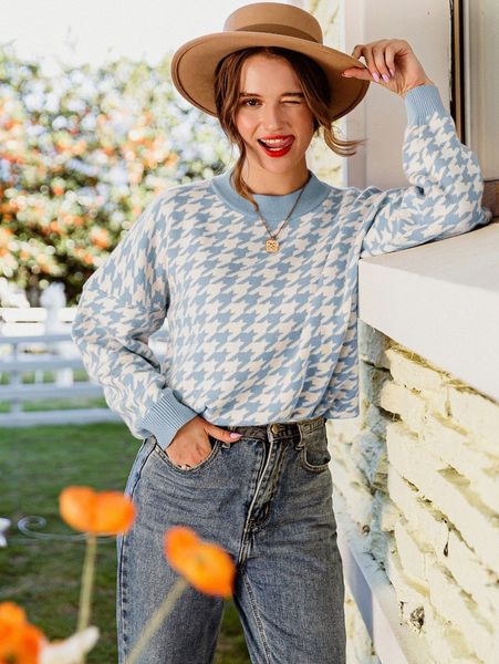

simplee drop shoulder houndstooth pattern sweater o2ce#, White;black
