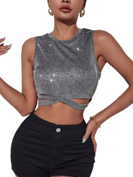 

cut out waist glitter tank q0cz#, White