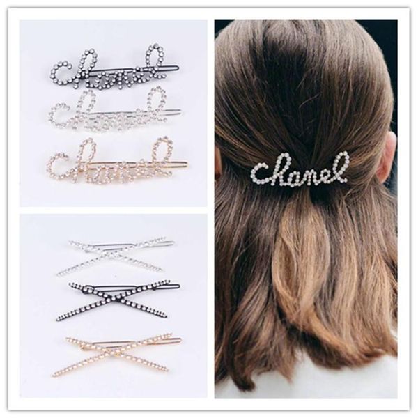 

crystal word hairpins woman hair accessories rhinestone hair clips pearl grip barrettes fashion letter accessory347s, Golden;white