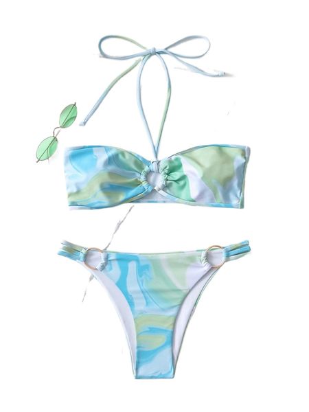 

allover print ring linked halter bikini swimsuit z7ak#, White;black