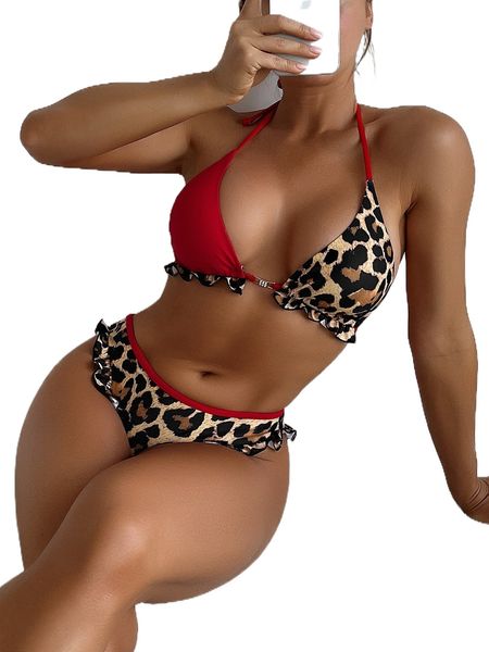 

leopard frill trim bikini swimsuit s05b#, White;black