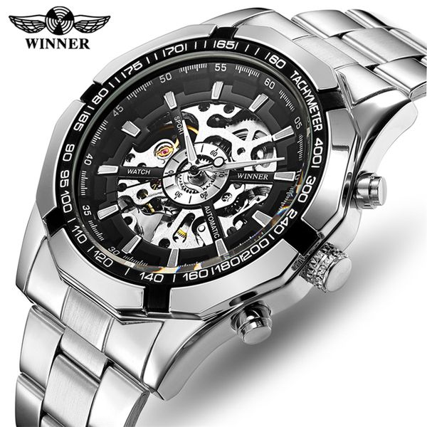 Vencedor 340 vencedora de moda vencedora de aço inoxidável Squeleto de aço mecânico para homem automático Winder Wrist Watches Men Gift 220623