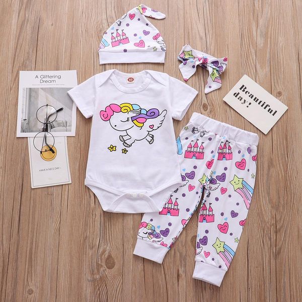 

newborn infant baby girl clothes sets unicorn pegasus star castle pants hat headband 4pcs clothing outfits, White