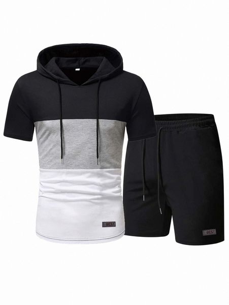 

men colorblock drawstring hooded tee & patched shorts k8cm#, Gray