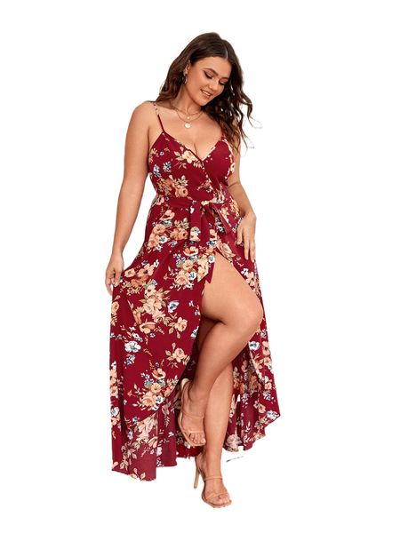 

plus floral print split thigh cami dress t4qq#, Black