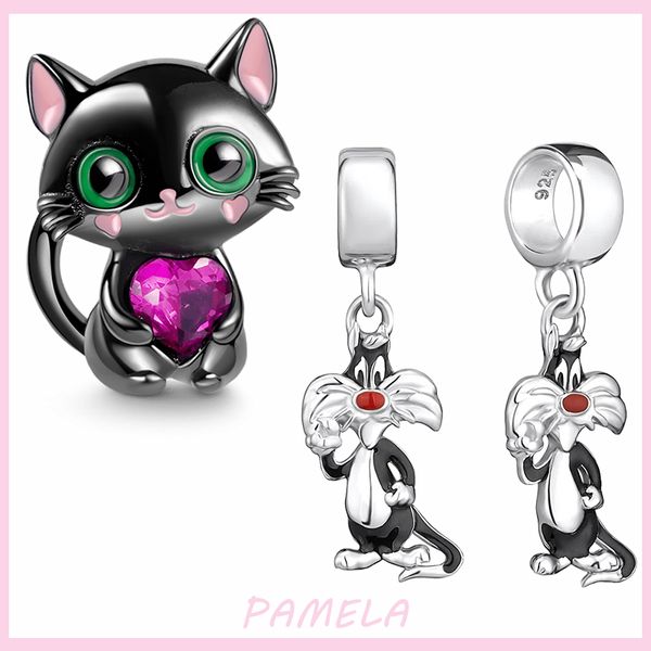 925 Sterling Silver Dangle Charme preto Charms de gato fofo Tom Cat Bads Fit Fit Pandora Charms Bracelet Diy Acessórios