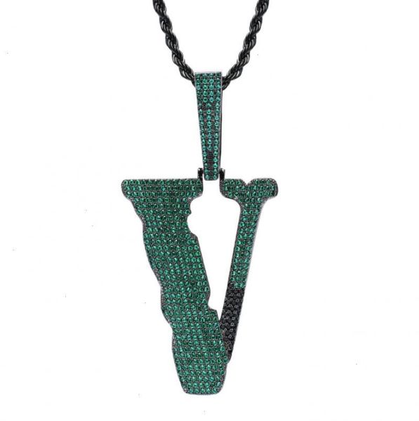 

fashion full color necklace zirconium letter big v word hip hop tide brand pendant for men personality jewelry, Silver