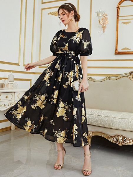 

gold floral print lantern sleeve belted dress x9iv#, Black;gray