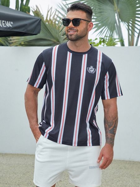 

extended sizes men striped & letter graphic tee b3p0#, White;black
