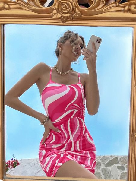 

allover print drawstring bodycon cami dress u7rr#, Black;gray