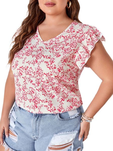 

plus ditsy floral print butterfly sleeve blouse w5x0#, Black