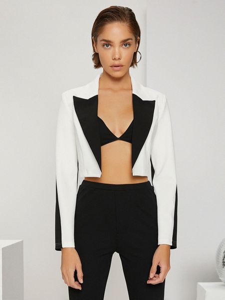 

colorblock lapel collar crop blazer o95z#, White