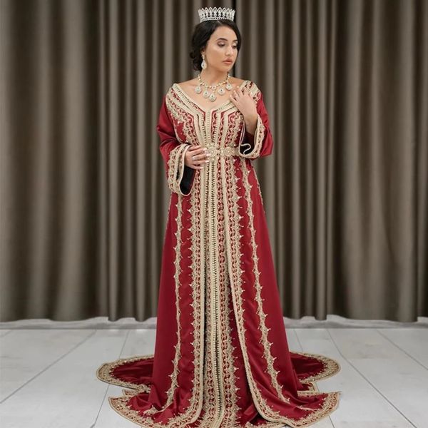 Темно -красная марокканская кафтана вечерние платья золотые вышивающие аппликации с полным рукавом арабский мусульманский выпускной
