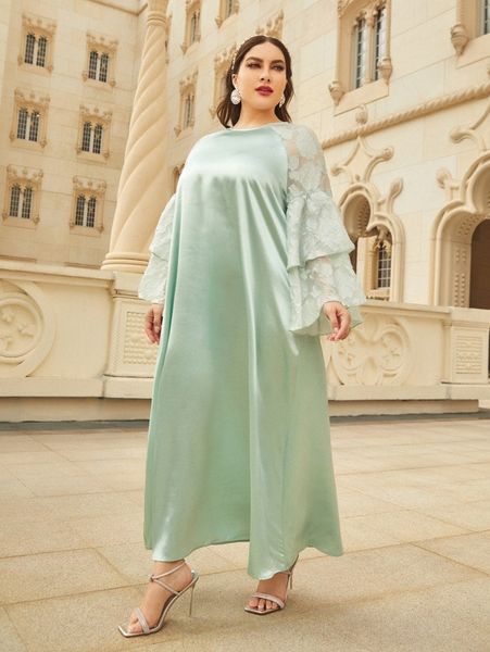 

plus appliques flounce sleeve dress without belt 96kg#, Black