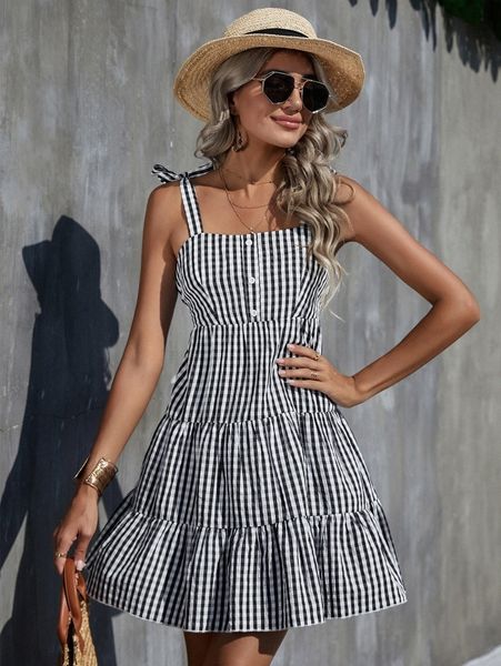 

gingham print knot shoulder ruffle hem cami dress 964i#, Black;gray