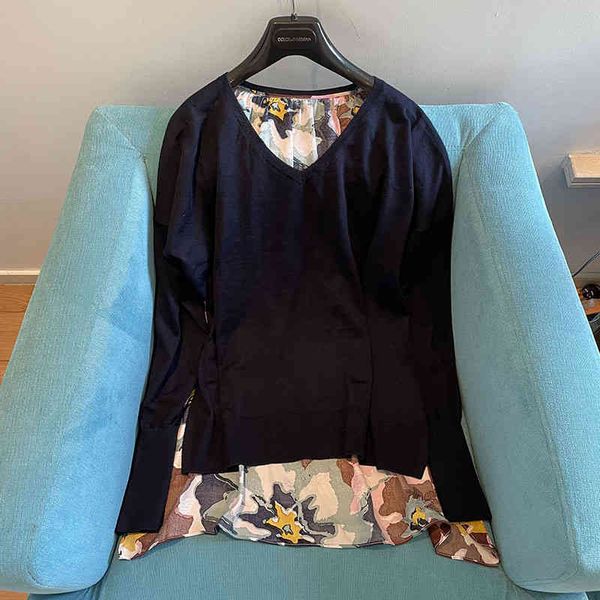 

women's knits tees spring autumn and winter french dv oil painting flower mulberry silk printing wool splicing sweater, White