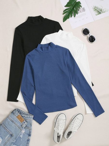 

3pcs mock neck solid rib-knit tee i5ee#, White