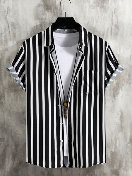 

romwe guys striped print shirt without tee l5wz#, White;black