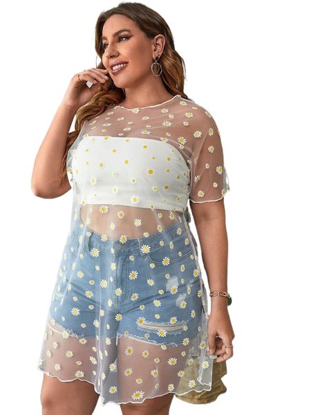 

plus daisy print lettuce trim sheer mesh without bandeau d92x#, Black