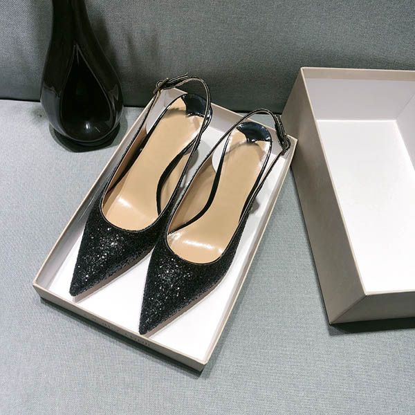

sandal ladies fall/summer style thin dress shoes heels pointed leather heels sequins fairy medium bridesmaid, Black