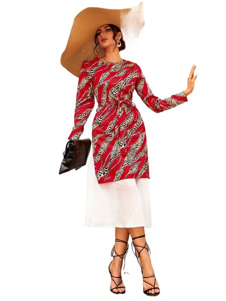 

chain & leopard print belted dress w3vx#, Black;gray