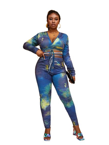 

plus tie dye lace up crop & leggings j0g4#, Black
