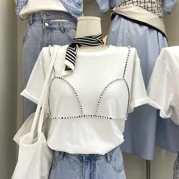 

beaded t shirt women 2022 summer new loose casualshort sleeve t-shirt 0613, White