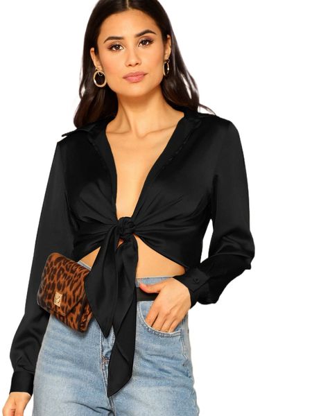 

collared plunging neck tie front v0qs#, White