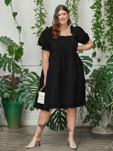 

plus square neck ruffle detail puff sleeve dress h5gk#, Black