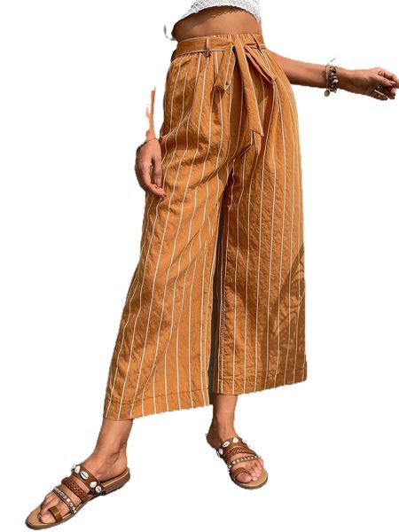 

vertical striped belted wide leg pants m745#, Black;white
