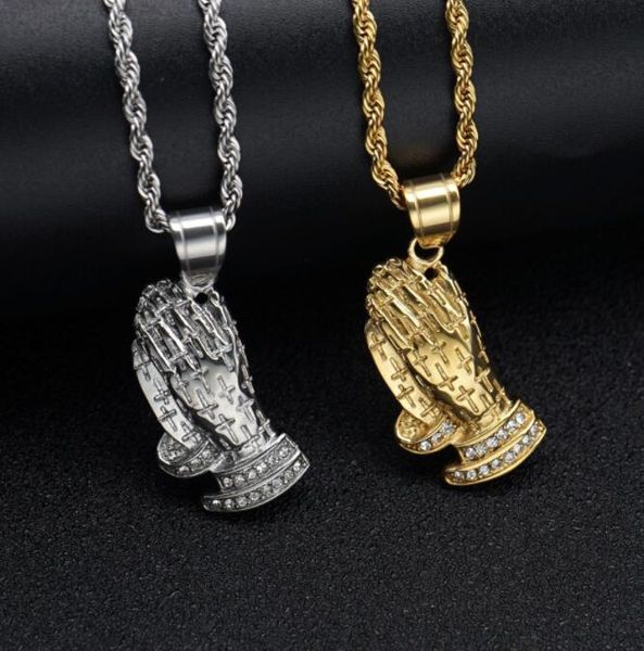 

hip hop bling iced out solid stainless steel cross pattern praying hand pendants necklaces for men rapper jewelry gift, Silver