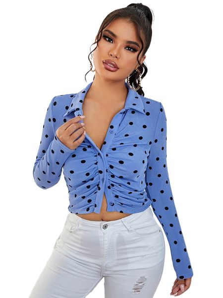 

polka dot ruched button front crop tee u4qu#, White