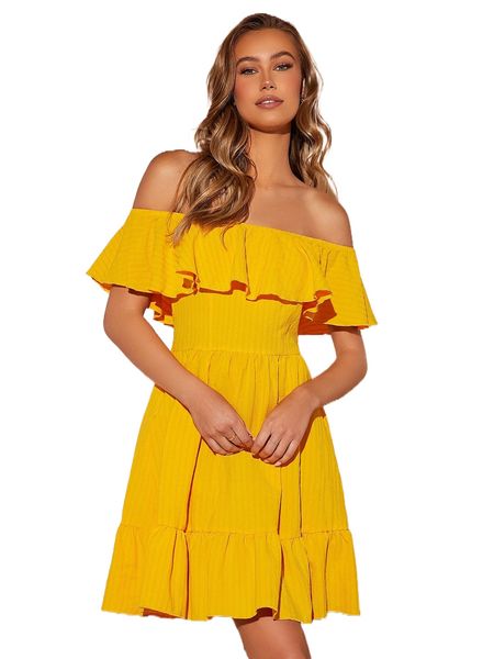 

off shoulder ruffle trim dress h47w#, Black;gray