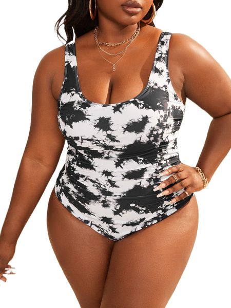 

plus tie dye ruched one piece swimsuit c5co#, White;black