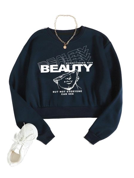 

letter graphic thermal lined crop sweatshirt c675#, Black