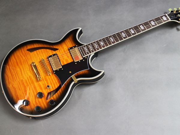 

stander semi-hollowed jazz guitar, flame maple guitar on both sides of body
