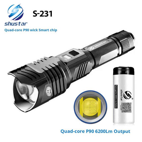 Quad-Core XHP90 Superhelle LED-Taschenlampe mit Smart Chip, wasserdicht, mit Sicherheitshammer an der Unterseite, 26650 Batterie, J220713