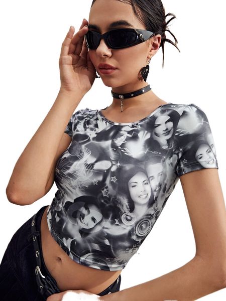 

star & figure graphic crop tee x9s8#, White