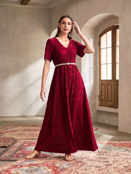 

solid v-neck belted maxi dress p7fz#, Black;gray